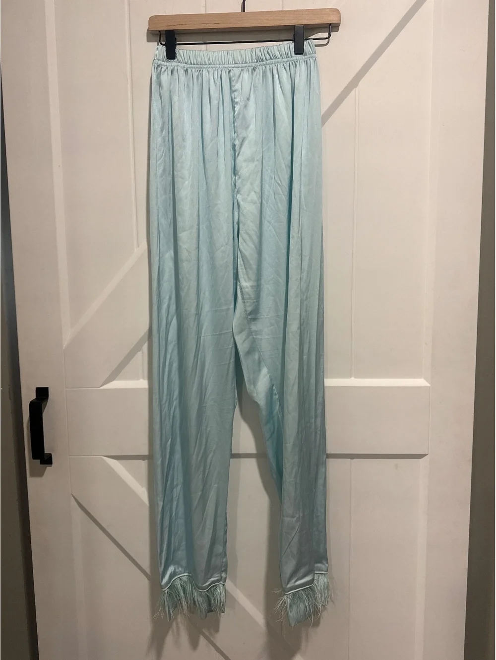 Lola + The Boys Sky Feather Silky Set in Light Blue with Faux Feather Trim, L